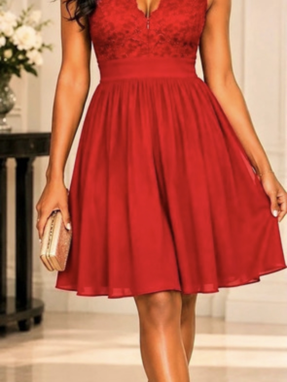 Red Lace Bodice Midi Dress Size Medium Like New